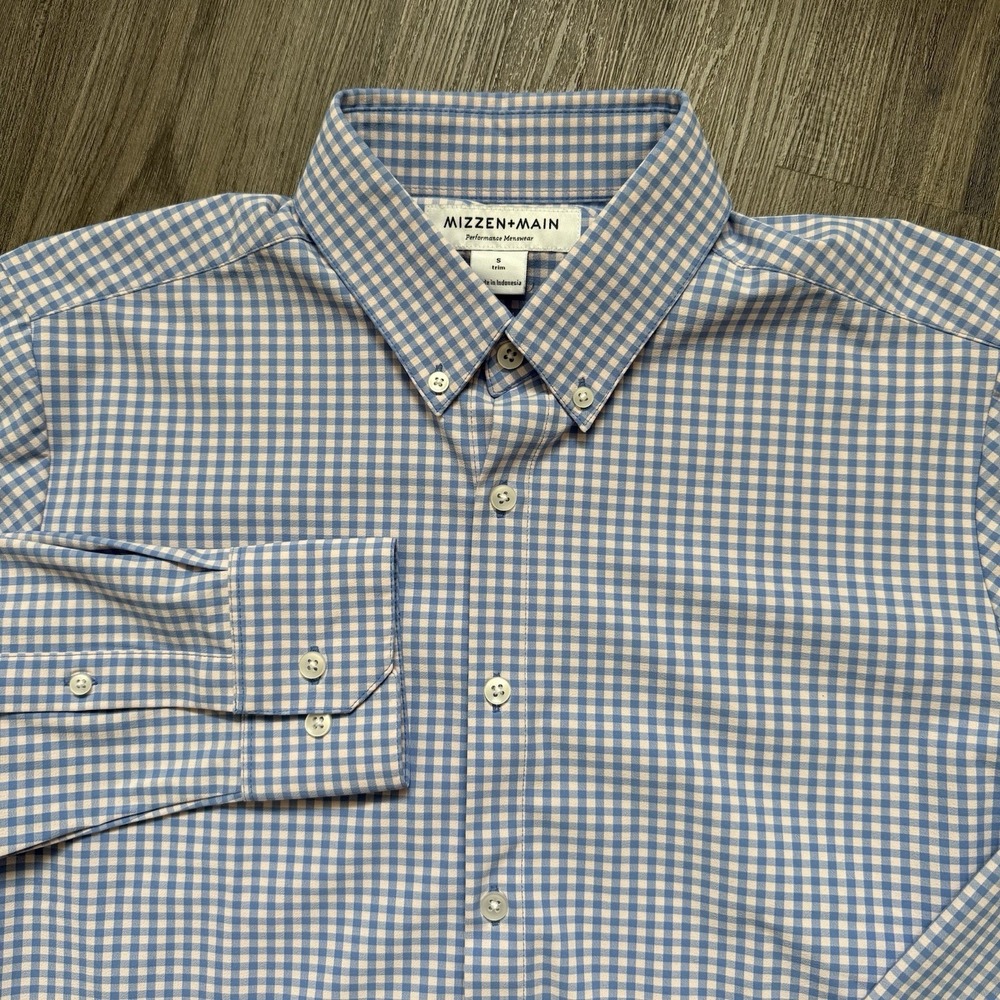 Mizzen + Main Shirt Small Trim Fit light Blue/Pink Check Performance Menswear